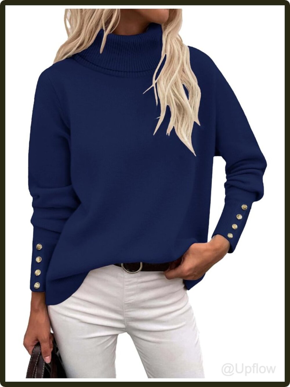 Women's Turtleneck Pullover Sweater Long Sleeve High Low Hem Button Cuffs Fall